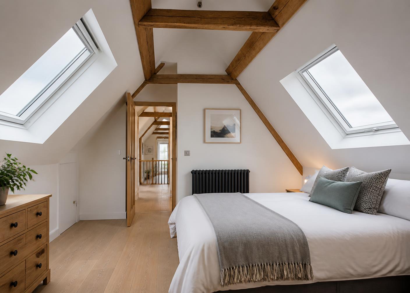 Converted loft bedroom with two Velux rooflights and exposed timber beams